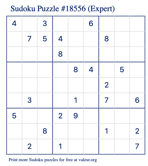 Free Printable Expert Sudoku Puzzle number 18556