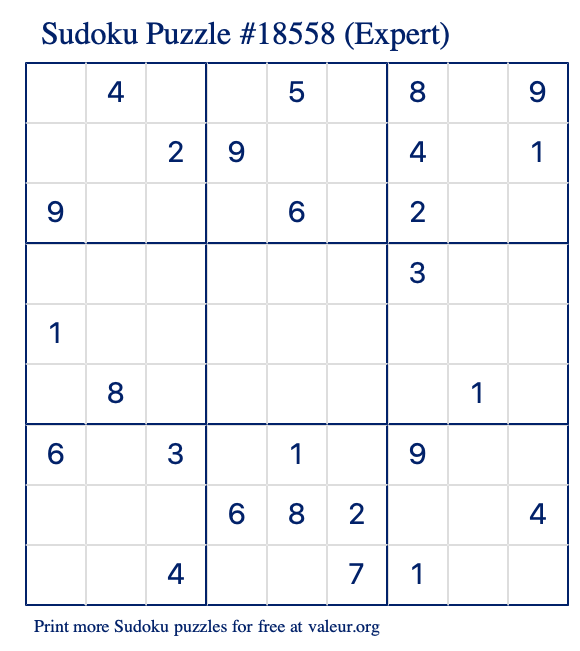 Free Printable Expert Sudoku Puzzle number 18558