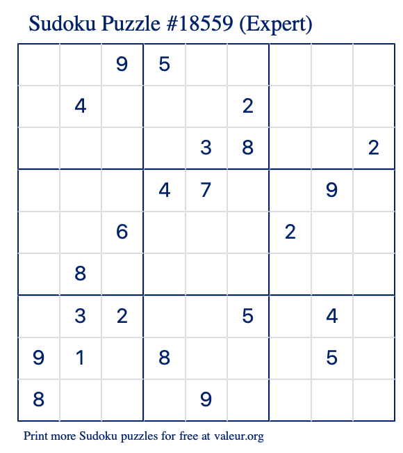 Free Printable Expert Sudoku Puzzle number 18559