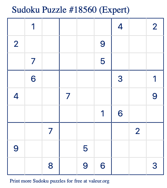 Free Printable Expert Sudoku Puzzle number 18560