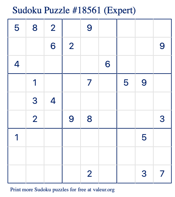 Free Printable Expert Sudoku Puzzle number 18561