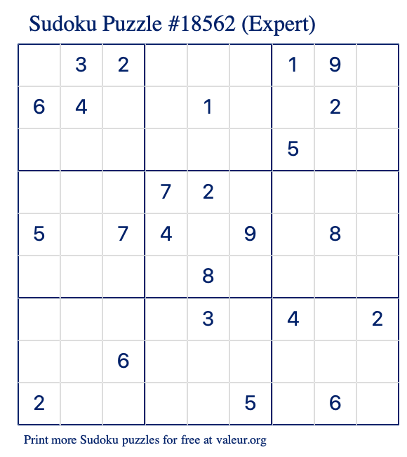 Free Printable Expert Sudoku Puzzle number 18562