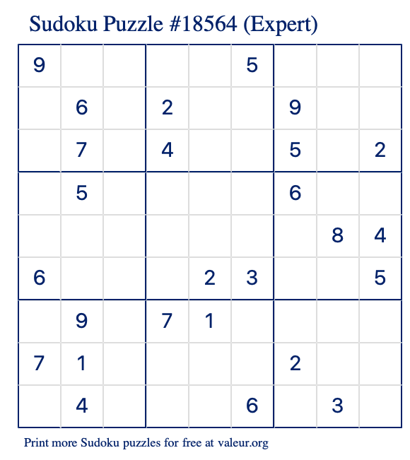 Free Printable Expert Sudoku Puzzle number 18564
