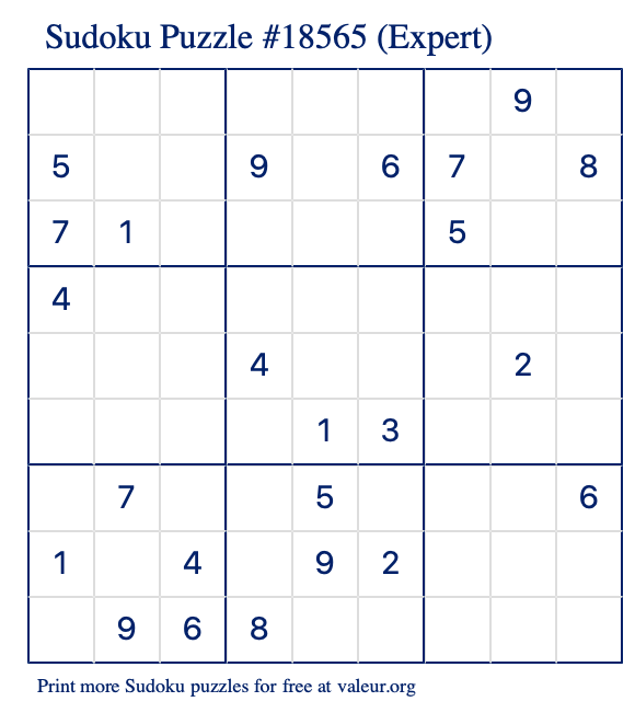 Free Printable Expert Sudoku Puzzle number 18565