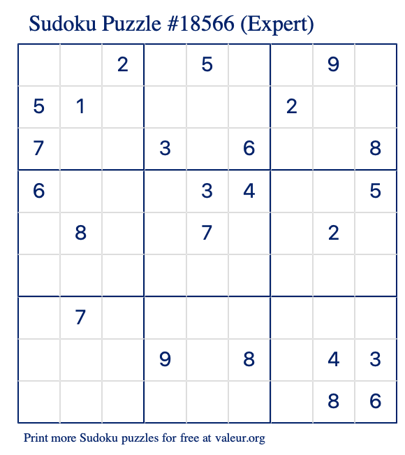 Free Printable Expert Sudoku Puzzle number 18566