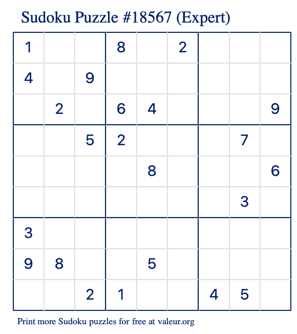 Free Printable Expert Sudoku Puzzle number 18567