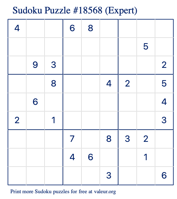 Free Printable Expert Sudoku Puzzle number 18568