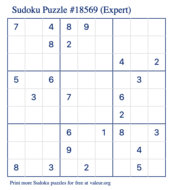 Free Printable Expert Sudoku Puzzle number 18569