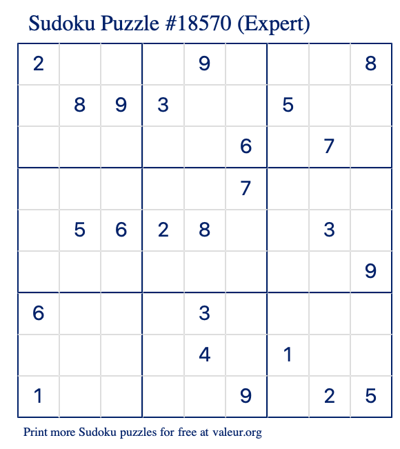 Free Printable Expert Sudoku Puzzle number 18570