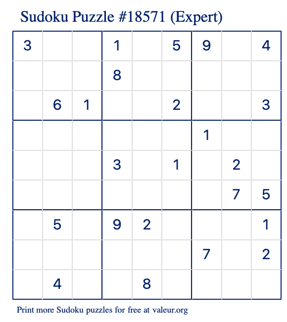 Free Printable Expert Sudoku Puzzle number 18571