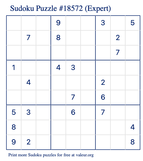 Free Printable Expert Sudoku Puzzle number 18572