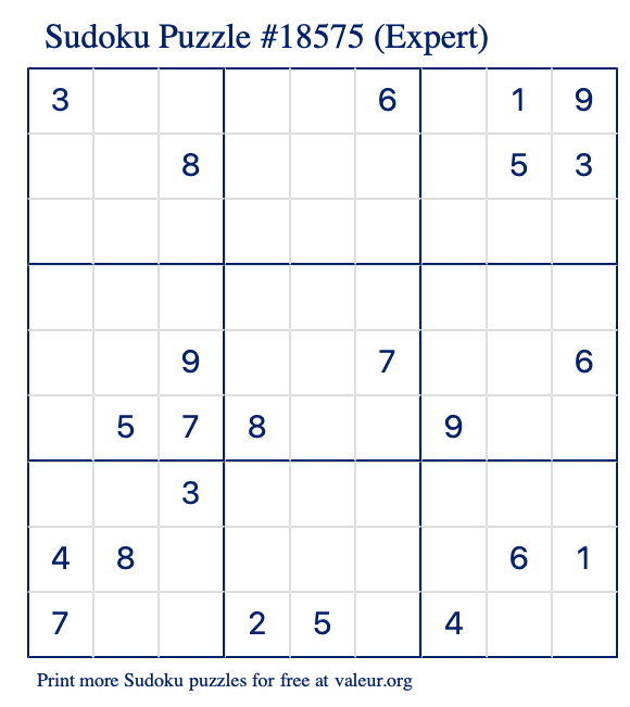 Free Printable Expert Sudoku Puzzle number 18575