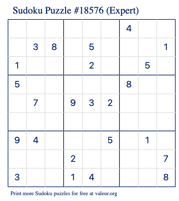 Free Printable Expert Sudoku Puzzle number 18576