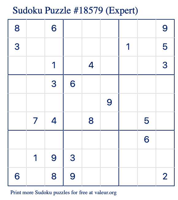 Free Printable Expert Sudoku Puzzle number 18579
