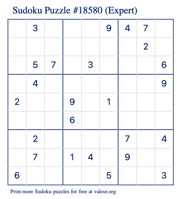 Free Printable Expert Sudoku Puzzle number 18580