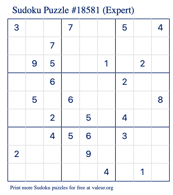 Free Printable Expert Sudoku Puzzle number 18581