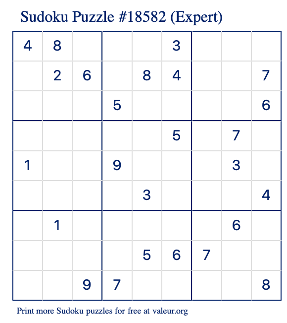 Free Printable Expert Sudoku Puzzle number 18582