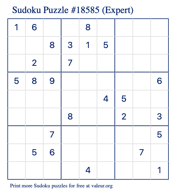 Free Printable Expert Sudoku Puzzle number 18585