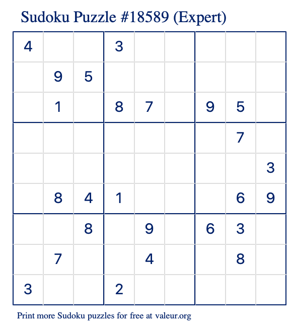 Free Printable Expert Sudoku Puzzle number 18589