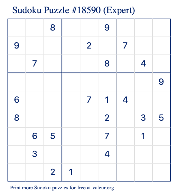 Free Printable Expert Sudoku Puzzle number 18590