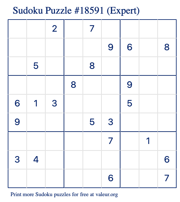 Free Printable Expert Sudoku Puzzle number 18591