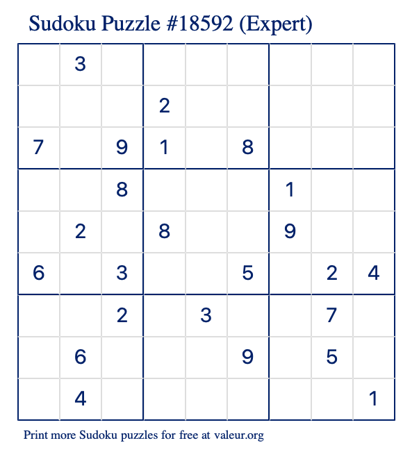 Free Printable Expert Sudoku Puzzle number 18592