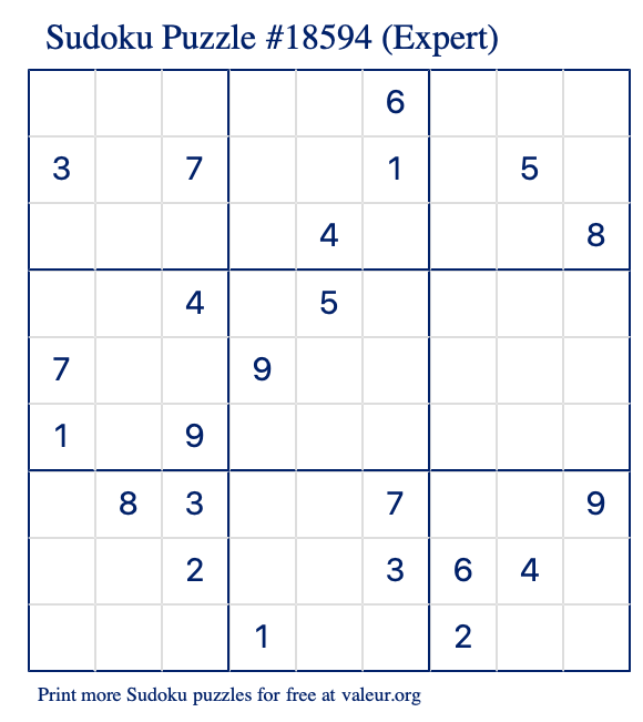 Free Printable Expert Sudoku Puzzle number 18594