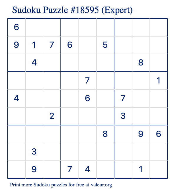 Free Printable Expert Sudoku Puzzle number 18595