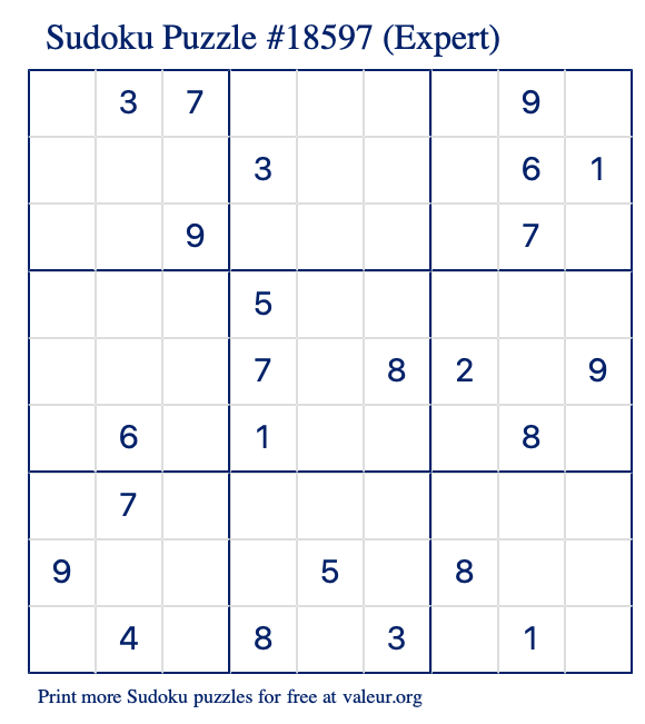 Free Printable Expert Sudoku Puzzle number 18597