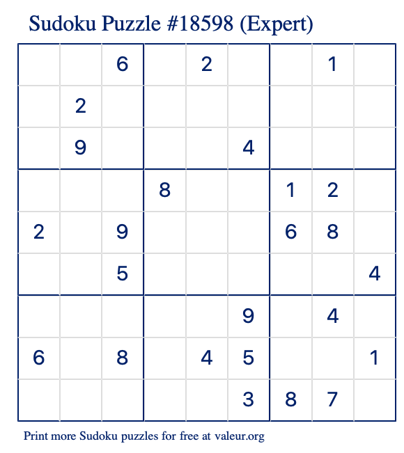 Free Printable Expert Sudoku Puzzle number 18598