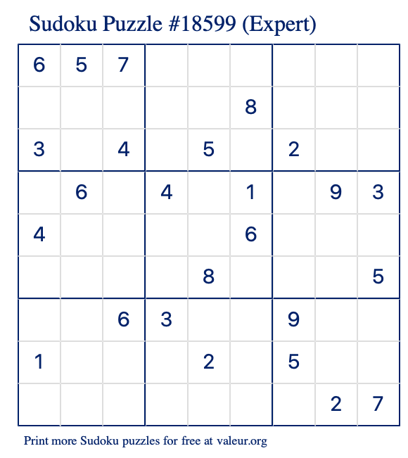 Free Printable Expert Sudoku Puzzle number 18599