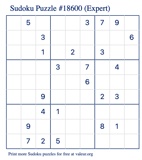 Free Printable Expert Sudoku Puzzle number 18600