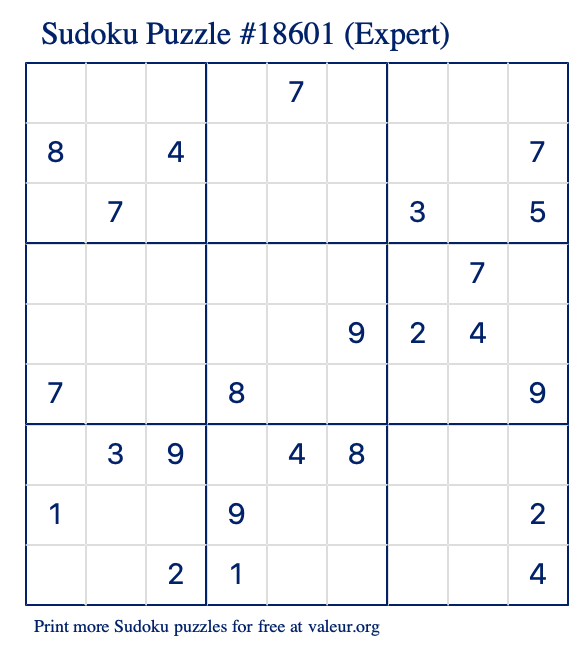Free Printable Expert Sudoku Puzzle number 18601