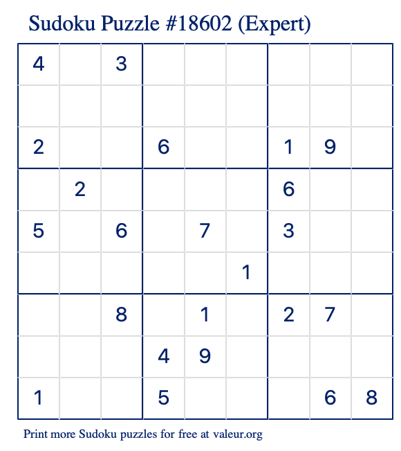 Free Printable Expert Sudoku Puzzle number 18602