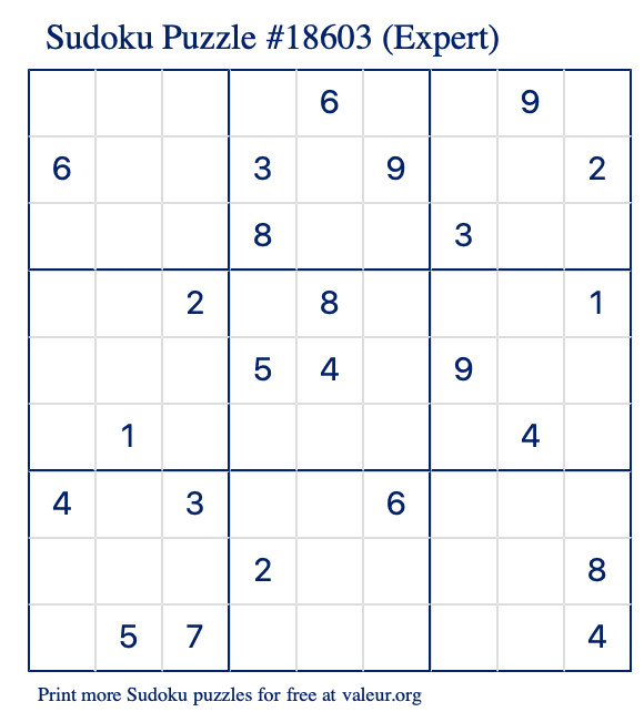 Free Printable Expert Sudoku Puzzle number 18603