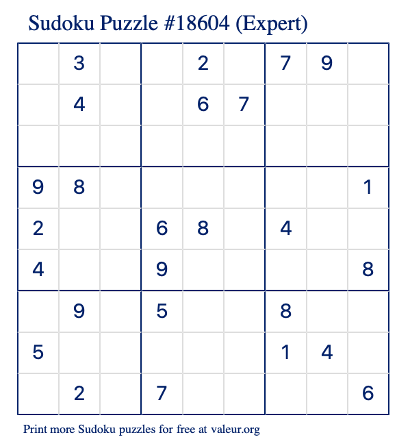 Free Printable Expert Sudoku Puzzle number 18604