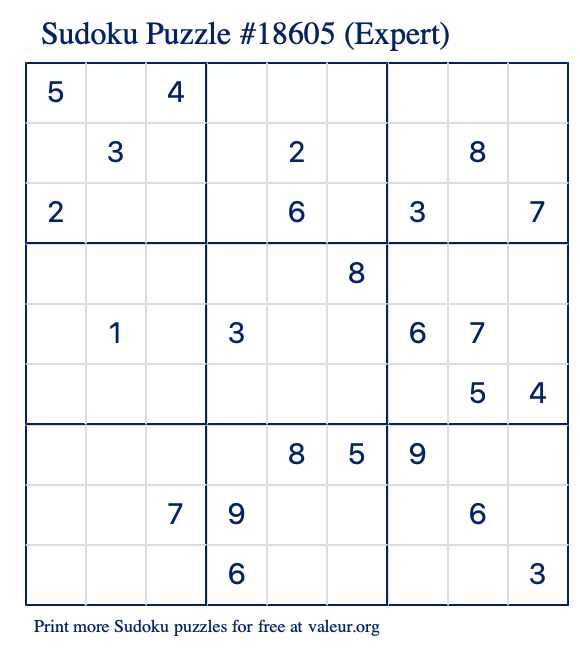 Free Printable Expert Sudoku Puzzle number 18605