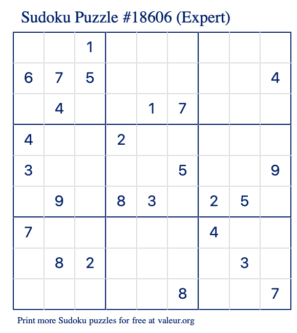 Free Printable Expert Sudoku Puzzle number 18606