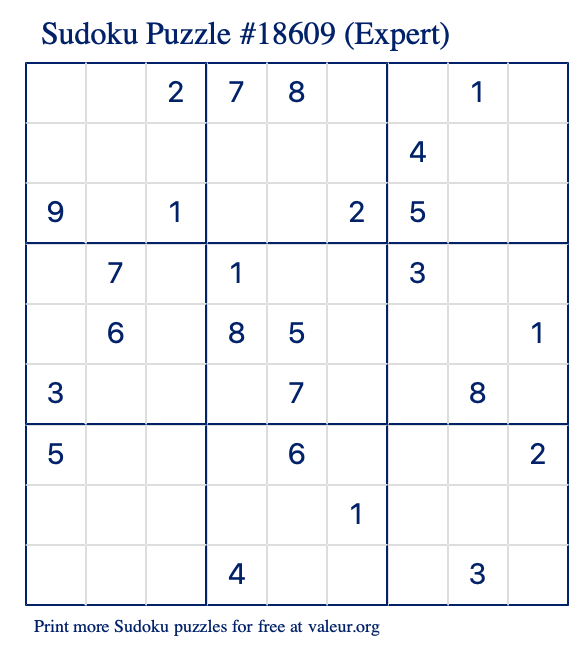 Free Printable Expert Sudoku Puzzle number 18609