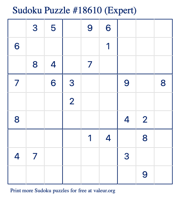 Free Printable Expert Sudoku Puzzle number 18610