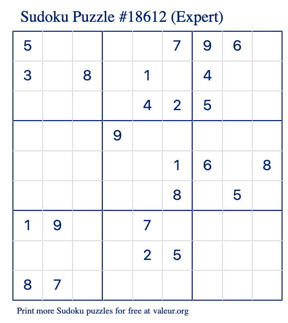 Free Printable Expert Sudoku Puzzle number 18612