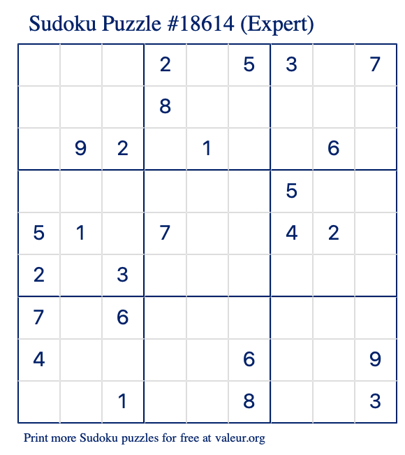 Free Printable Expert Sudoku Puzzle number 18614