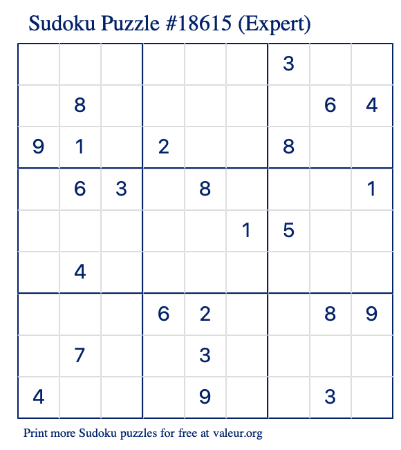 Free Printable Expert Sudoku Puzzle number 18615