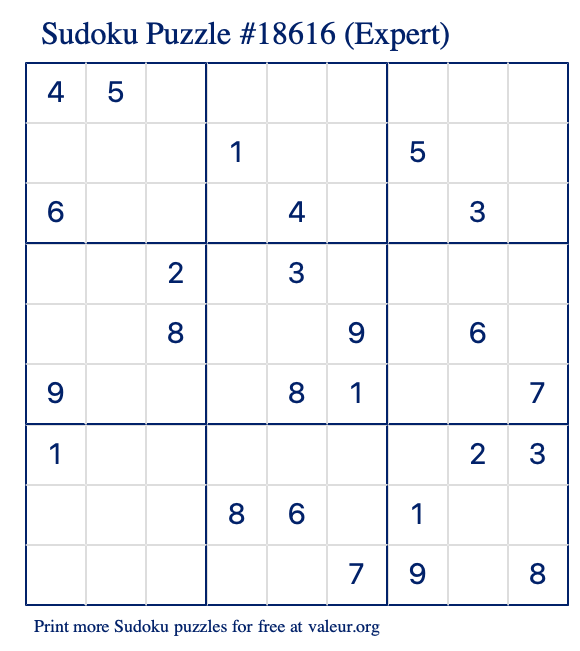 Free Printable Expert Sudoku Puzzle number 18616