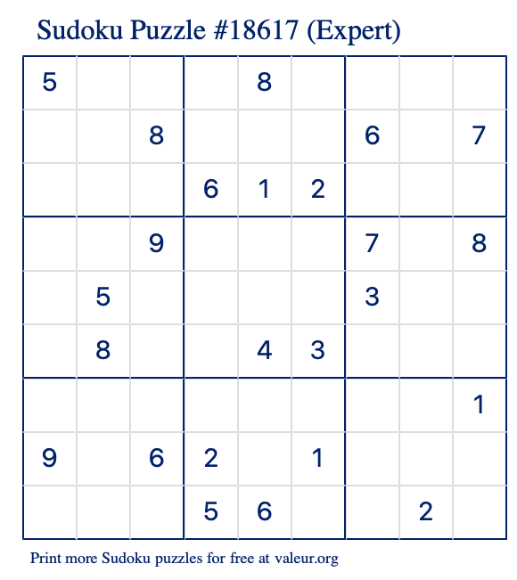 Free Printable Expert Sudoku Puzzle number 18617