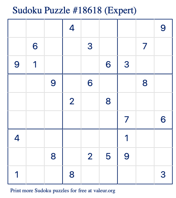 Free Printable Expert Sudoku Puzzle number 18618