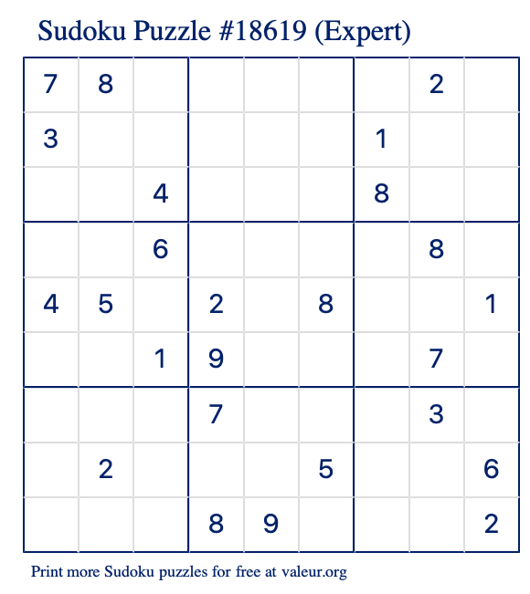 Free Printable Expert Sudoku Puzzle number 18619
