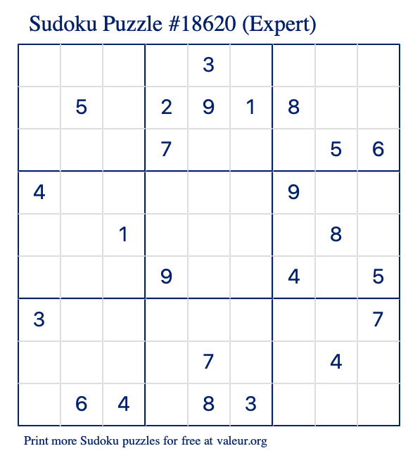 Free Printable Expert Sudoku Puzzle number 18620