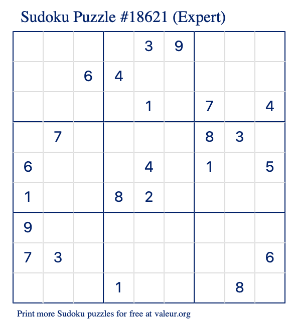 Free Printable Expert Sudoku Puzzle number 18621