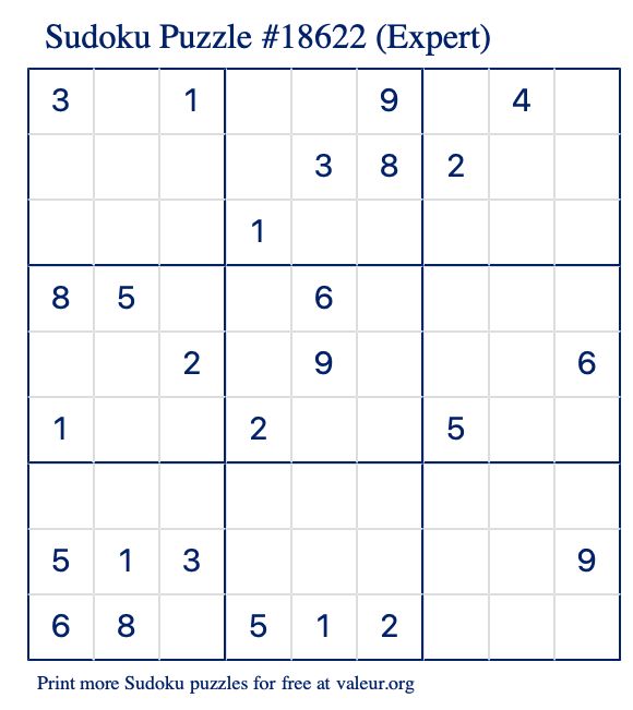 Free Printable Expert Sudoku Puzzle number 18622